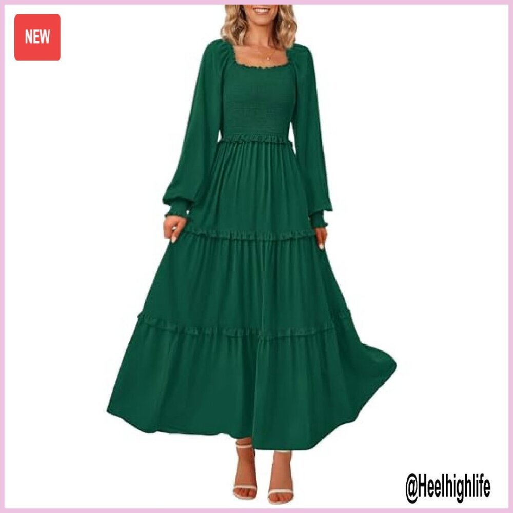 Long Sleeve Square Neck Tiered A-Line Maxi Dress, Smocked Waist, Flowy - Picture 2 of 8